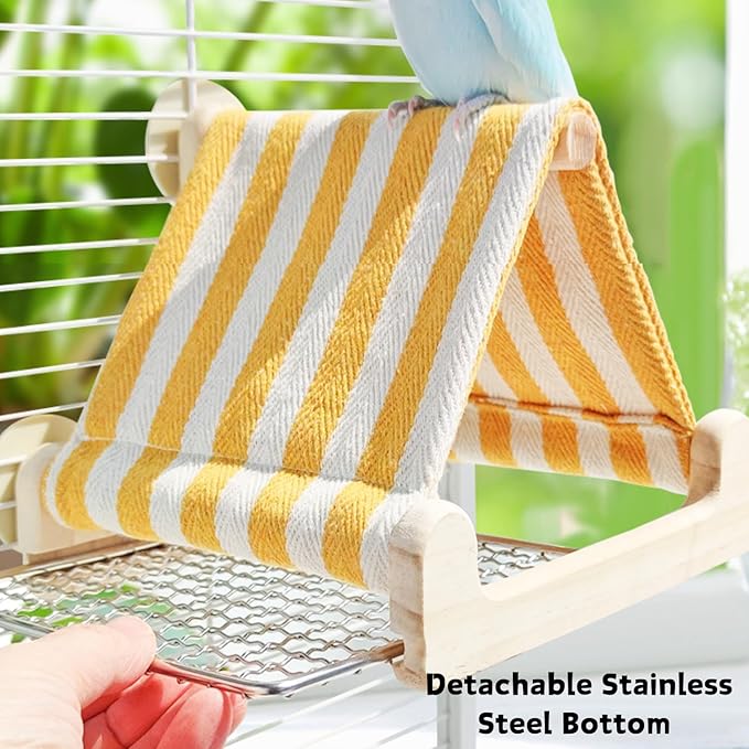 Bird Tent Wooden House with Stainless Steel Bottom Bird Nest for Parakeet Parrot Hideaway Cave Snuggle Hut Cage Accessories for Budgie,Conure,Lovebird,Cockatiel (Yellow)