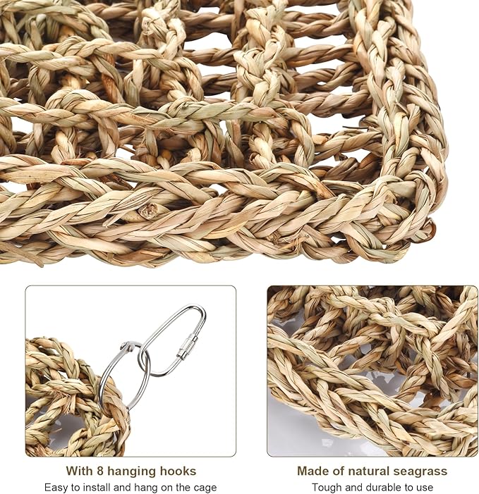2Pcs Natural Sea Grass Parrot Mat - Foraging Chew Wall Toy with Climbing Rope & Hook, Hanging Play Pad for Lovebirds/Cockatoos/Budgerigars/Conures/Pigeons | 2 Sizes29.53x6.89 &7.48x7.48 Inches