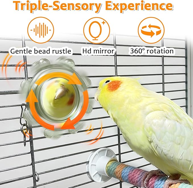 2Pcs Innovation Bird Toy with Hd Mirror, Spinner Rattle Parakeet Toy with Rustling Beads, Safely Embedded No Sharp Edges Bird Mirror for Cage, Flexibly Mounted Rotating Budgie Enrichment Fits Any Cage
