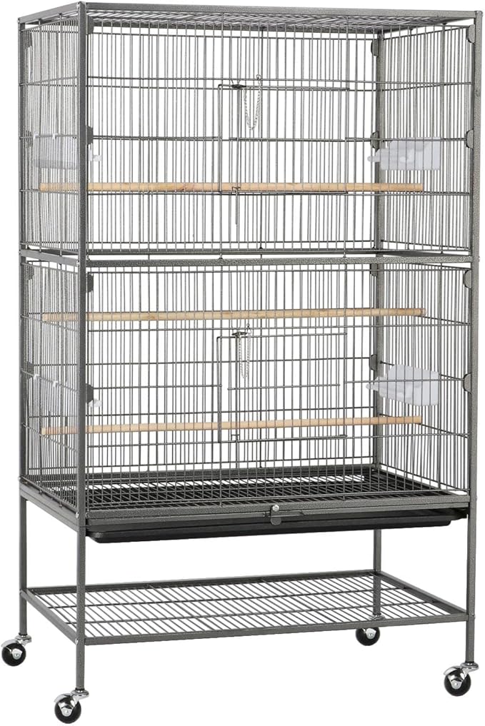 Costoffs 132cm Extra Large Rolling Metal Bird Cage Parrot Cage for Lovebird Cockatoo Conure with 3 Perches/4 Feeders/Extra Storage Shelf Black