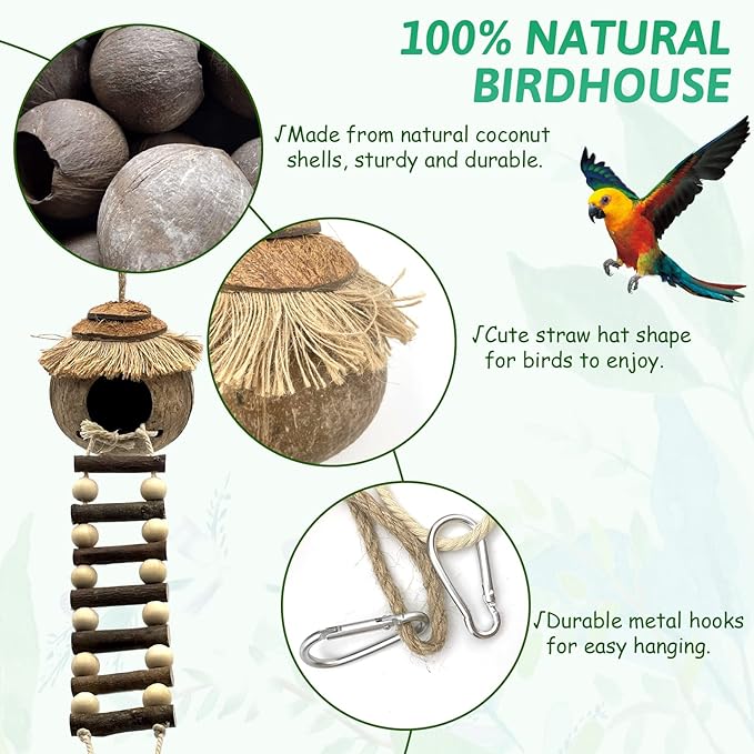 Tfwadmx Hanging Bird House with Ladder Natural Coconut Fiber Birds Nest Coco Shell Hideaway Lovebird Swing Toys Parrot Cage Accessories for Parakeet Finch Parrot Canary