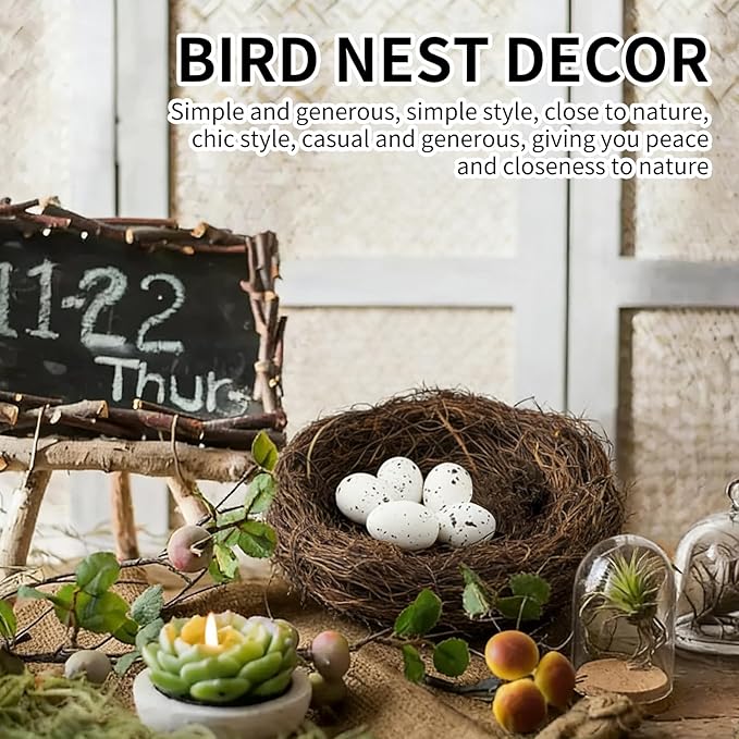 6Pcs 12" Large Artificial Bird Nests with Eggs for Crafts,Handmade Natura Rattan Birds Nest for Spring Decoration Props Garden Yard Home(1 Large Size Nest, 5pcs Eggs)