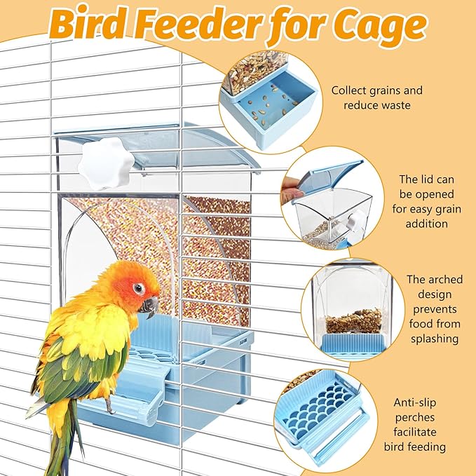 BNOSDM No Mess Bird Feeder Transparent Automatic Bird Cage Feeder with Perch Acrylic Parrot Food Container Parakeet Cage Accessories for Parakeets, Budgies, Cockatiel, Finch, Canary, Lovebird (Blue)