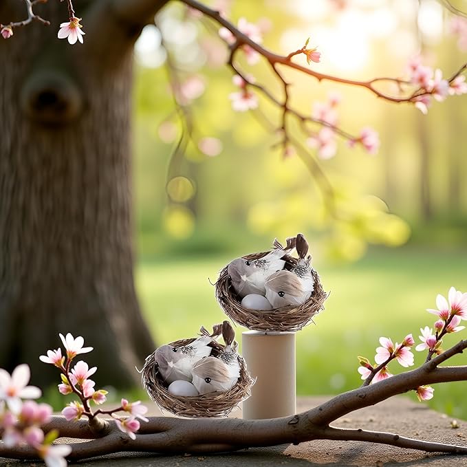 GANPUB 2Pcs Simulation Bird Nest with Bird and Eggs Decor, Fake Foam Feather Birds, Artificial Birds, for DIY Craft Tree Decoration