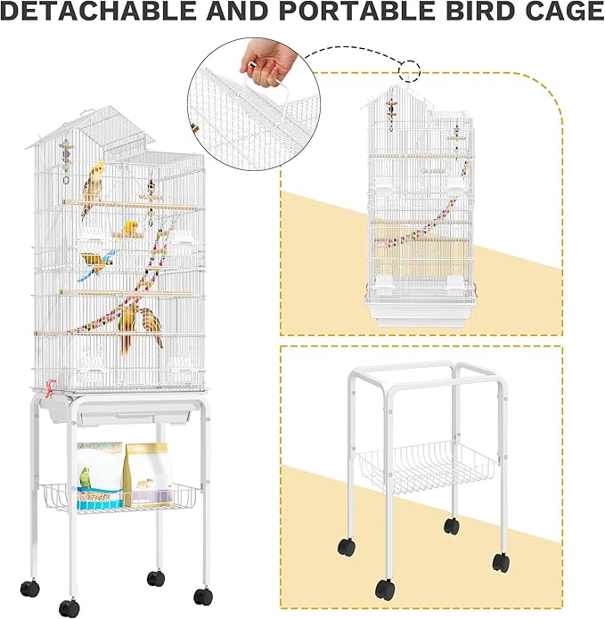 62-inch Metal Bird Cage: Spacious Bird Cage for Cockatiels, Parrots, Pigeons, Lovebirds, Features Roof Access and Rolling Stand, White