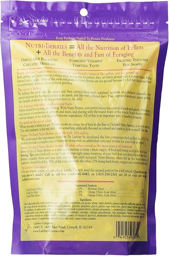 Lafebers Nutri-Berries Parrot Food 2 Flavor Variety Sampler Bundle: (1) Papaya/Pineapple/Mango, and (1) Cranberries/Apricots/Dates, 10 Oz. Ea. (2 Bags)