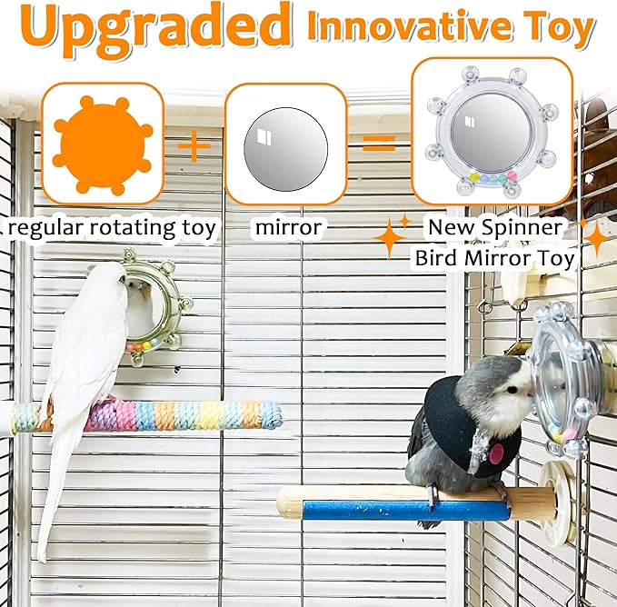 2Pcs Innovation Bird Toy with Hd Mirror, Spinner Rattle Parakeet Toy with Rustling Beads, Safely Embedded No Sharp Edges Bird Mirror for Cage, Flexibly Mounted Rotating Budgie Enrichment Fits Any Cage