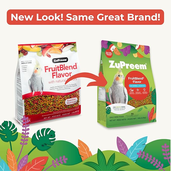 ZuPreem FruitBlend Bird Food, Bird Feed Pellets for Cockatiels, Lovebirds, Quakers, Small Conures & Lorikeets, Core Nutrition with Natural Fruit, Cockatiel Food, Conure Feed, (Medium, 2 lb Bag)