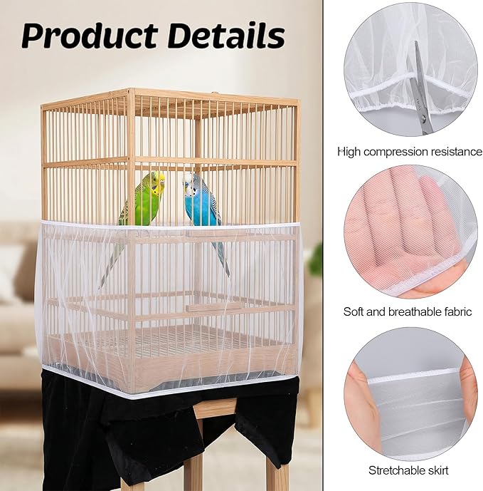 2Pcs Bird Cage Seed Catcher, Adjustable Bird Cage Skirt Cover, White Stretchy Birds Cages Netting for Round Square Parrot Parakeet Macaw African Cages