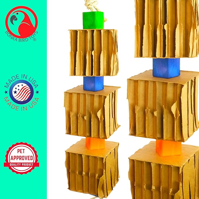 Bonka Bird Toys 3749 Big Trio Blocks N Cube Wooden Chew Toy with Rope and Blocks for Medium to Large Birds Cage Play