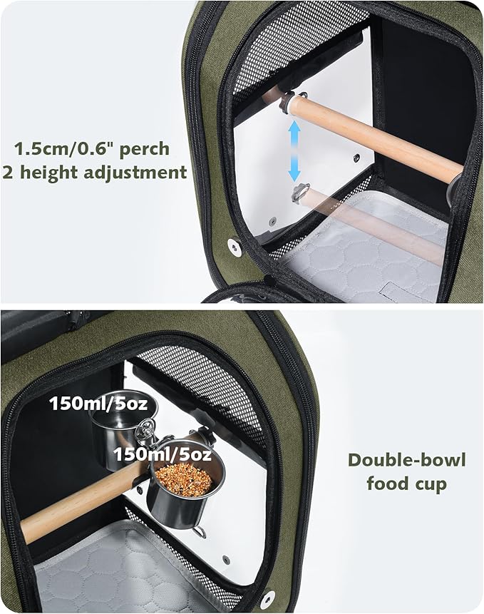 Pecute Bird Backpack Carrier for Small Birds,Cockatiel,Parrot,Bird Carrier with Standing Perch,Comfy Mat&Transparent Window, Breathable Bird Backpack for Vet Visit,Shopping and Outdoor Adventure,Green
