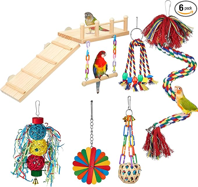 6 Pcs Parakeet Cockatiel Bird Toys, Parrot Swing Chewing Hanging Toys, Colorful Style Parrots Cage Accessories, Interactive Chew & Climb Play Set (Interactive Style)