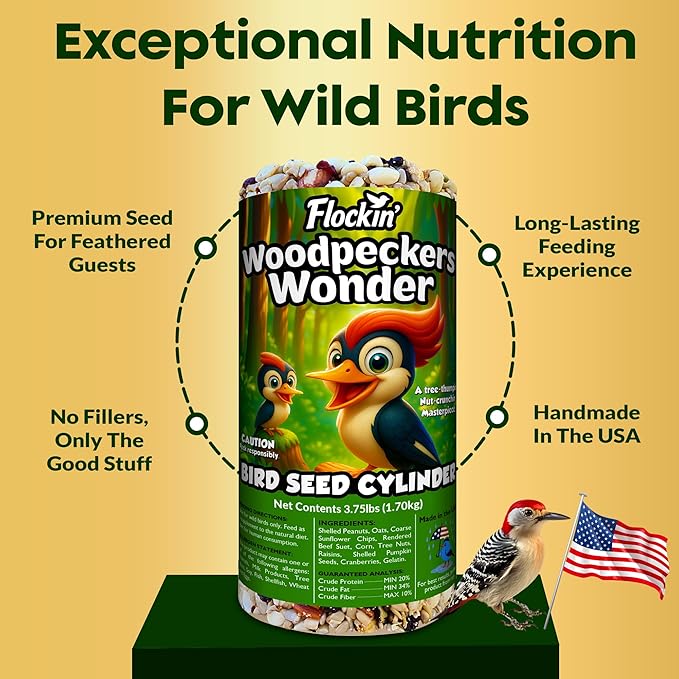 Woodpecker Bird Seed Cylinders with Hole – Premium Woodpecker Food Blend with Sunflower Chips, Peanuts & Suet – Natural High Energy Bird Seed, No Filler, No Shell, No Mess – USA Made (6" x 7.75")
