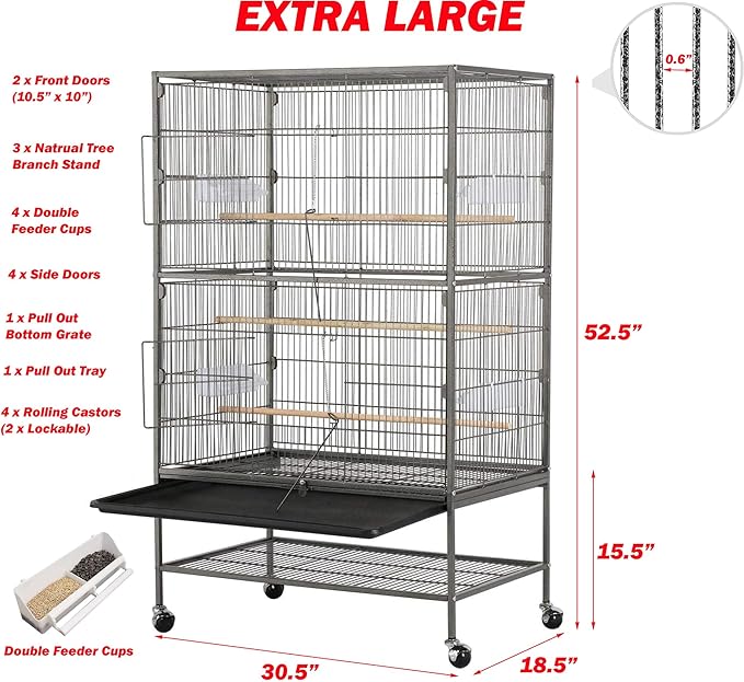 Extra Large Durable Wrought Iron Metal Bird Flight Parrot Breeder Home Cage with Double Large Front Doors 4 Side Pull Up Doors Rolling Stand Storage Shelf Lockable Wheels