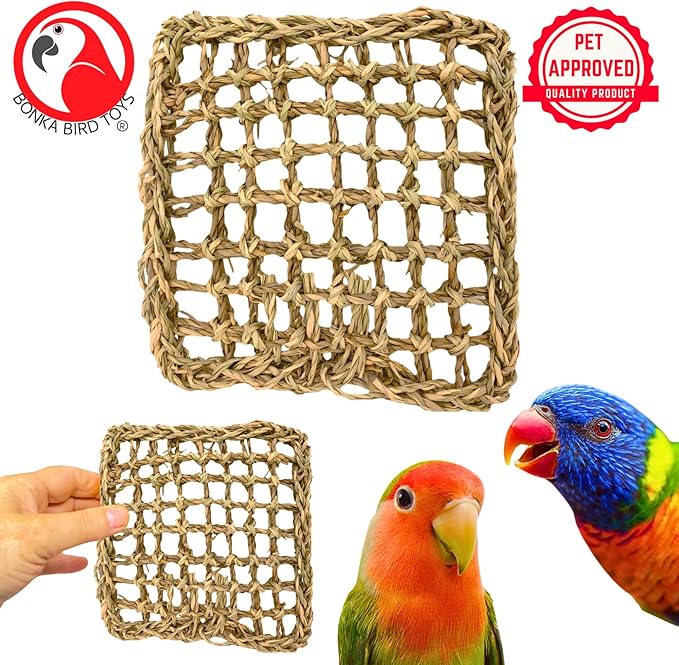 Bonka Bird Toys 1766 Seagrass Mat 7" x 7" Natural Woven Chew Climbing Foraging Base for Small to Large Birds Like Conures Quakers Amazons