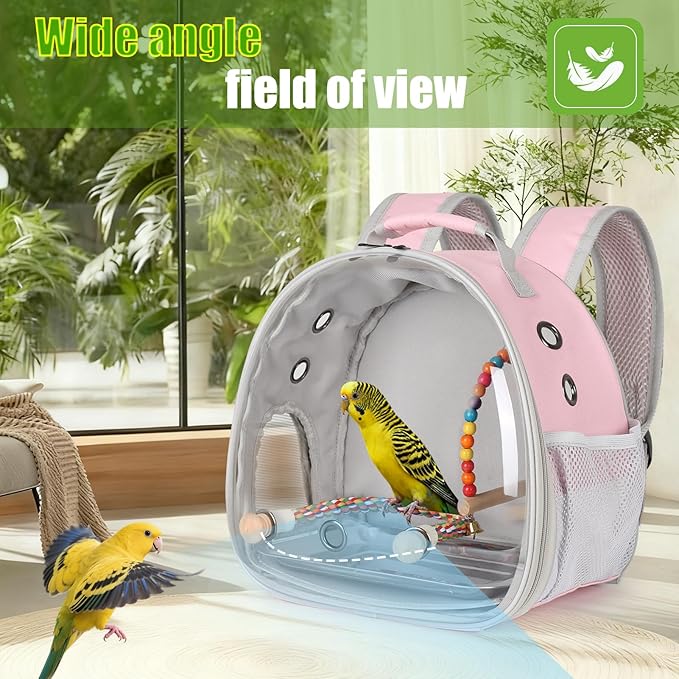 Portable Parrot Travel Cage Carrier with Small Swing Toy&Cage Colorful Toys Set Small Bird Parakeet Bag with Standing Perch Bird Carry Transport Bag (Pink, Backpack/Swing)