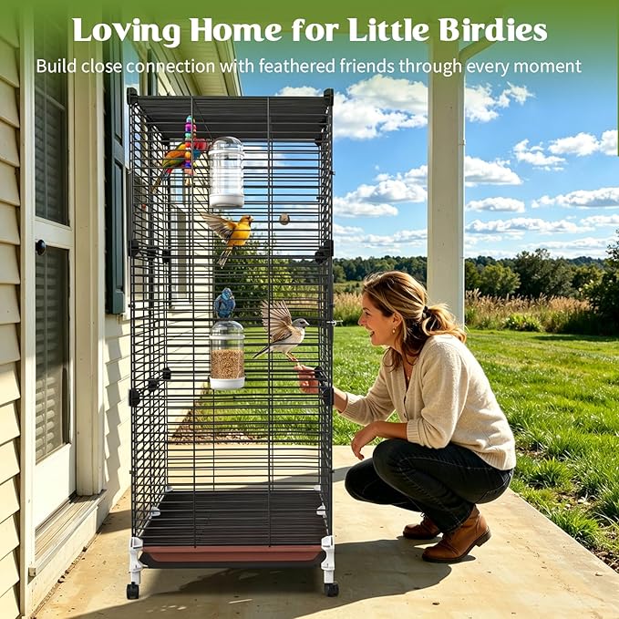 Pawaboo Bird Cage, 24.2''L x 16''W x 41''H Flight Cage with Slide-Out Tray, Waterer & Feeder, 360° Movable Metal Breeding Bird Cages with Stand & Perch for Parrot Parakeets Cockatiel Lovebird Finch