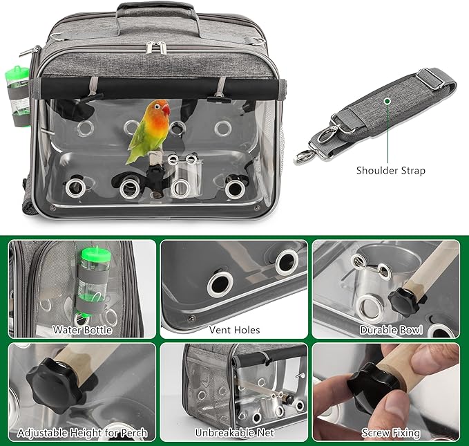 Sanmoncare Airline Approved Bird Carrier, Indestructible Stainless Steel Mesh Parrot Travel Cage, Cockatiels Travel Carrier Lightweight and Portable with Water Bottle and Bowl