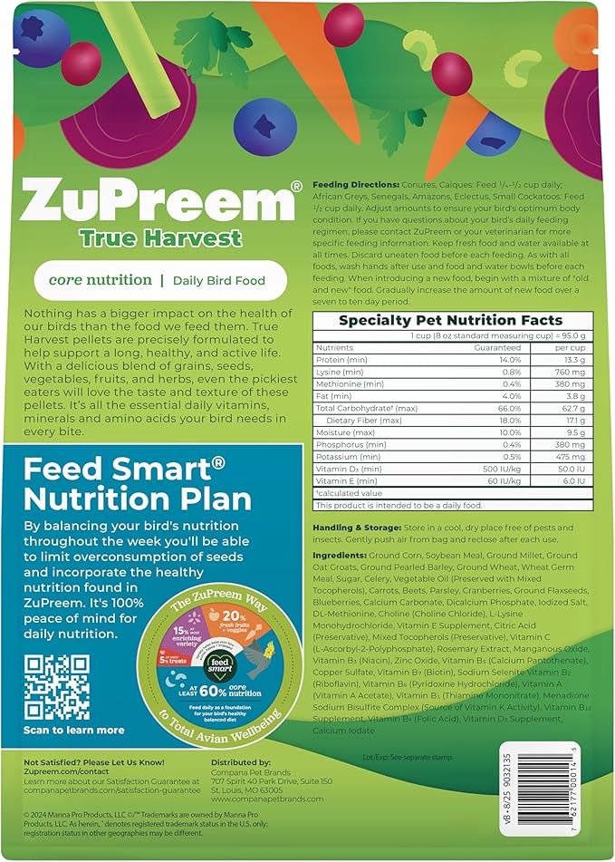 ZuPreem True Harvest Bird Pellets, Daily Bird Food for Parrot, Conure, Caique, African Grey, Eclectus, Small Cockatoo, Core Nutrition for Medium Large Birds, Added Vitamins, Parrot Food (ML, 10 lbs)
