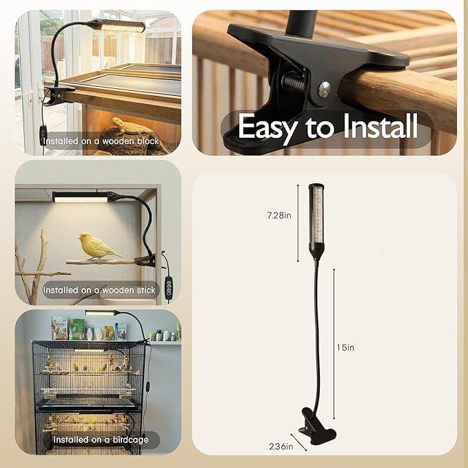 Full Spectrum Bird Cage Light for Birdcage, LED Bird Lamp with 90 Beads, Timer & Brightness Control for Indoor Use Safe Chew-Resistant Bird Light Lamp, Flexible Gooseneck, 3/9/12H Timer for Daily Care