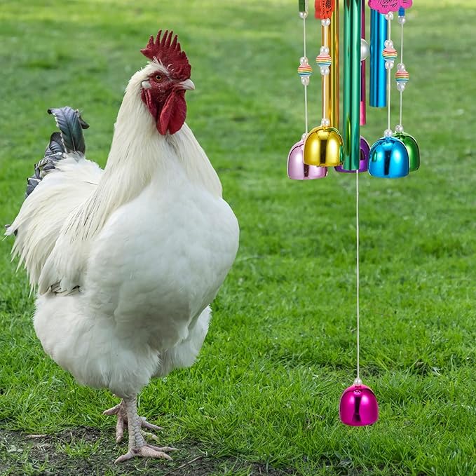VioraWhite 7 Pcs Chicken Toys, Hanging Chicken Wind Chime, 2 Pcs Coop Mirror Toys with Bells 4 Pack Beak Grinding Stones, Musical Coop Accessories for Hen Rooster Chick Poultry Bird (Rose Red, Yellow)