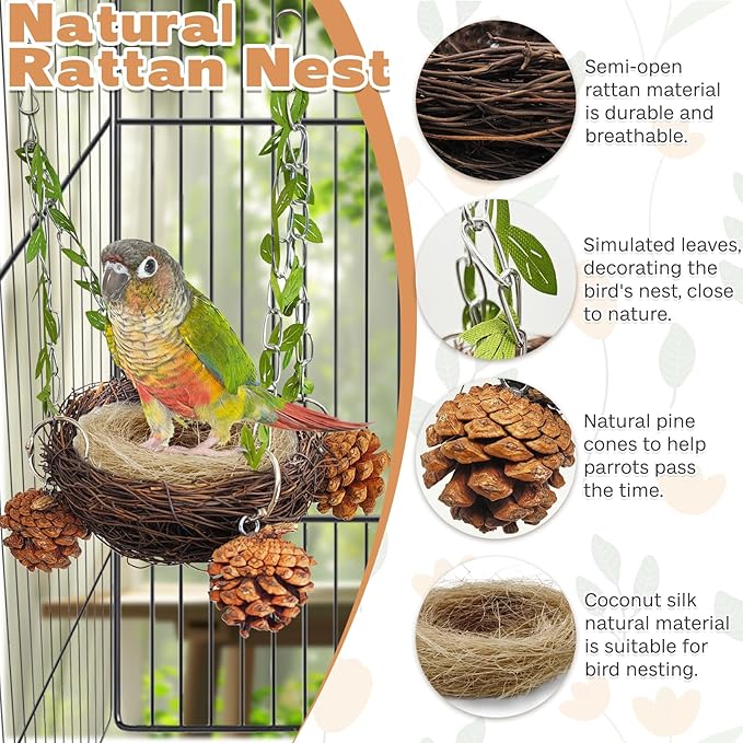 PINVNBY Natural Rattan Bird Nest for Cage Hanging Bird Bed Sugar Glider Swing Toys with Coconut Fiber Mat for Parakeet Cockatiel Lovebird Conure Sugar Glider Canary