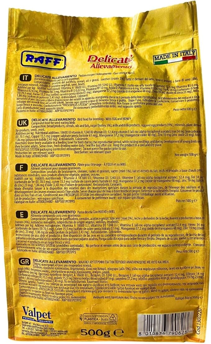 RAFF Delicate Allevamento 500g Bird Food - Nutritious Egg and Honey Paste Bird Treat for Canaries, Parakeets, Finches, Cockatiels, and Lovebirds - Supports Breeding and Year-Round Health