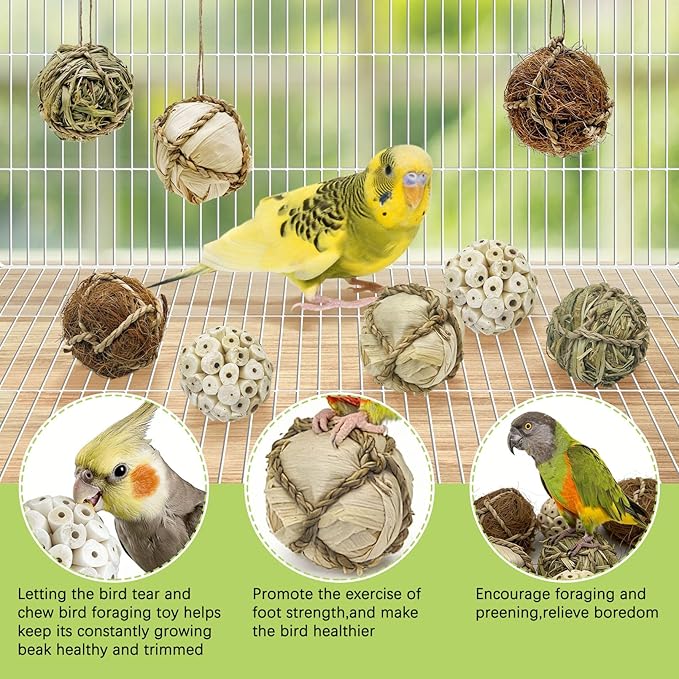 BNOSDM 8PCS Natural Bird Chew Toys Lightweight Conure Foot Toy Sola Balls Shred Toy Interactive Parrot Foraging Toys Bird Chew Balls with Hemp Rope Hook for Budgies Cockatiels Parakeets Senegal