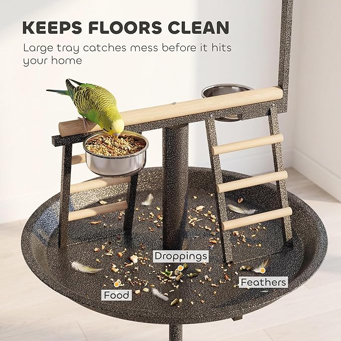 PawHut Bird Stand, Parrot Stand with Wheels, Perch, Stainless Steel Feed Bowls, Round Tray for Indoor Outdoor, Dark Gray