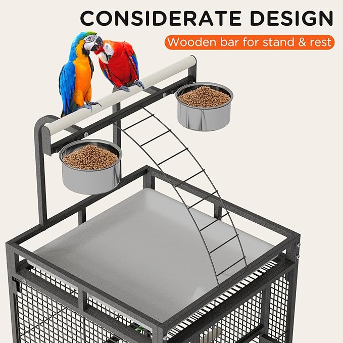 Garvee 60 inch Large Bird Cage with Rolling Stand, Metal Parrot Cage with Play Top & 4 Stainless Steel Bowls, Birdcage Pet House for Conure Cockatiel Parakeet Lovebird, Black