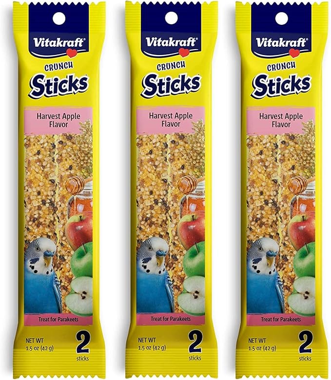 Vitakraft 3 Pack of Harvest Apple Crunch Sticks for Parakeets, 2 Sticks Each