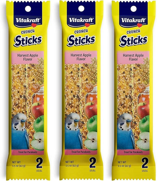 Vitakraft 3 Pack of Harvest Apple Crunch Sticks for Parakeets, 2 Sticks Each