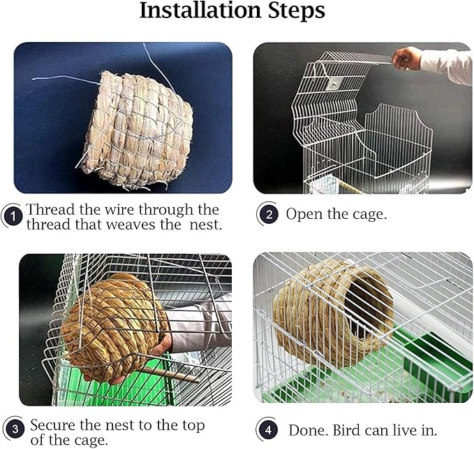 kathson 4PCS Straw Bird Nest Natural Fiber Birdcage Birdhouse Parrot Hideaway Shelter Hut Parakeet Perch Hanging Bell Toys for Small Finch Canary Lovebird Resting Breeding Playing