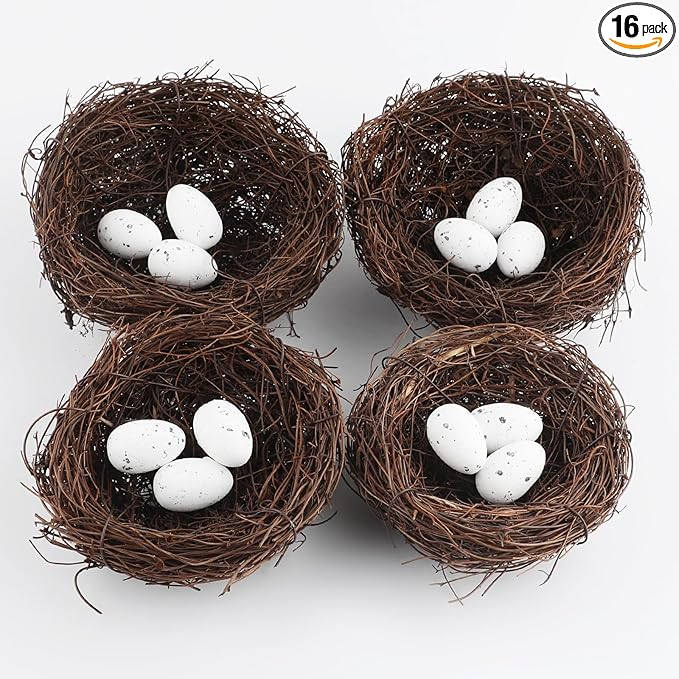 16 Pcs Artificial Bird Nests with Eggs for Crafts,Handmade Natura Rattan Birds Nest for Easter, Wedding, Home, Party, and Christmas Tree Decorations(2Pcs 4.7in 2Pcs 3.9in Nest 12pcs Eggs)