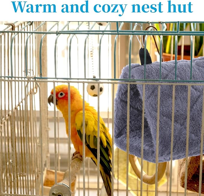 2 PCS Warm Bird Nest House, Bird Bed for Cage Accessories Hanging Hammock House Plush Snuggle Hideaway Cave Bed Tent for Pet Parrot, Parakeets, Cockatiels, Lovebirds, Macaw, Budgies (Blue, Grey)
