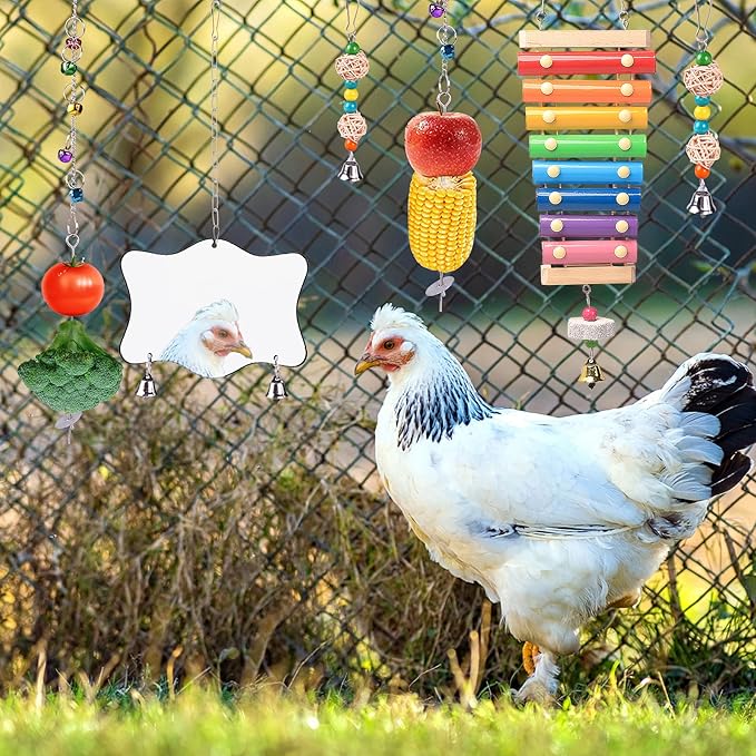 Chicken Toys for Coop 9PCS Set, KAKUNM Chicken Enrichment Toys, Including Xylophone, Swing, Chicken Mirror, Chicken Flexible Ladder, Vegetable String Bag and Hanging Feeder Coop Toy Accessories