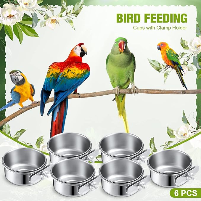 Sabary 6 Pack Bird Feeding Bowls Cups, Parrot Food Water Dishes Stainless Steel Bird Food Bowls with Clamp 10oz Birds Water Feeder for Parakeet Conure Cockatiel Lovebird Budgie Chinchilla Small Animal