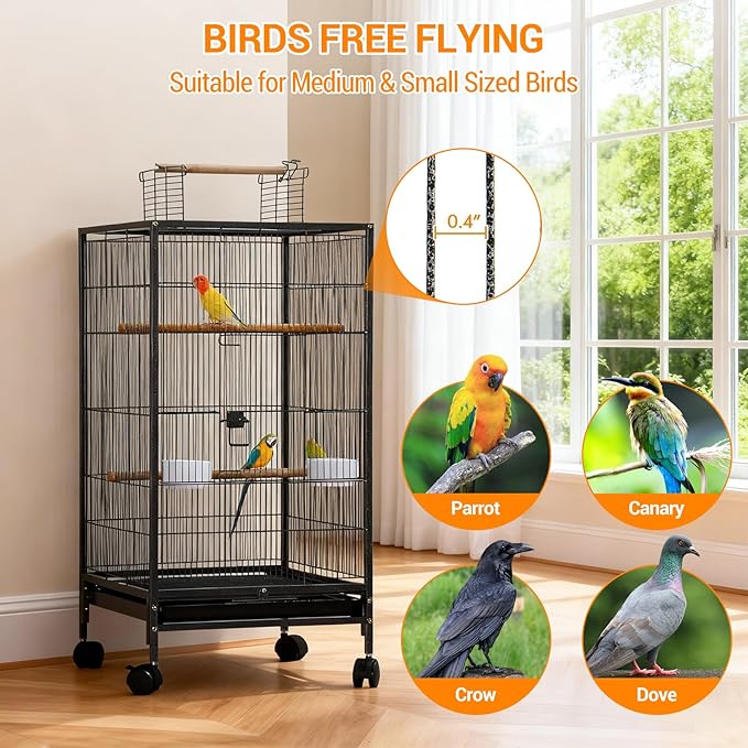 40 Inch Large Parrot Bird Cage with Play Open Top, Hanging Bird Cage with Slide-Out Tray Water Bottle Feeder for Parrot Parakeets Cockatiel Lovebird Pigeon and Small Mid-Sized Birds