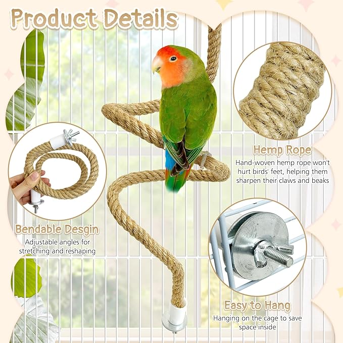 3 Pcs Bird Rope Perches Bendable Parakeet Climbing Swing Toys Parrot Spiral Rope Stand Bird Cage Accessories for Budgie Lovebird Cockatiel
