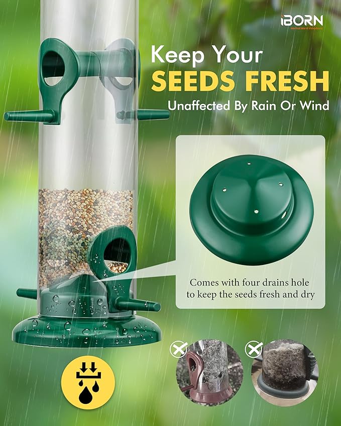 iBorn Metal Bird Feeders Hanging Wild Bird Seed Feeder for Mix Seed Blends, Niger Seed Feeder, Sunflower Heart, Birdbath, Heavy Duty All Metal Green Finishing 15 Inch 4Port