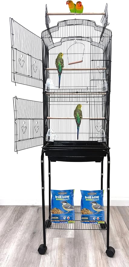 Large Open/Close Play Perch Stand Top Side Nesting Box Doors Canary Parakeet Cockatiel Lovebird Finch Roof Top Bird Cage with Removable Rolling Stand