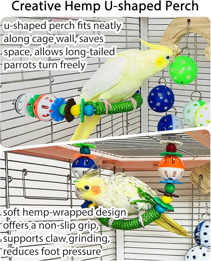 2Pcs Bird Toys with Bells Sounds for Beak Grinding, Sisal-Wrapped U Shaped Bird Perches for Cage, Budgie Toys Ball for Boredom, Interactive Lovebird Parakeet Toys Bell Accessories Chewing for Parrots