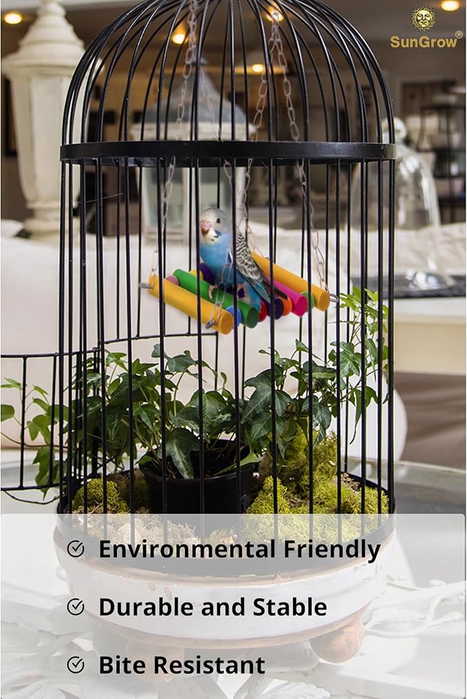 SunGrow Parrot Cage Hammock Swing, Colorful Wooden Swing with Metal Chain and Clasp, 1 Pack