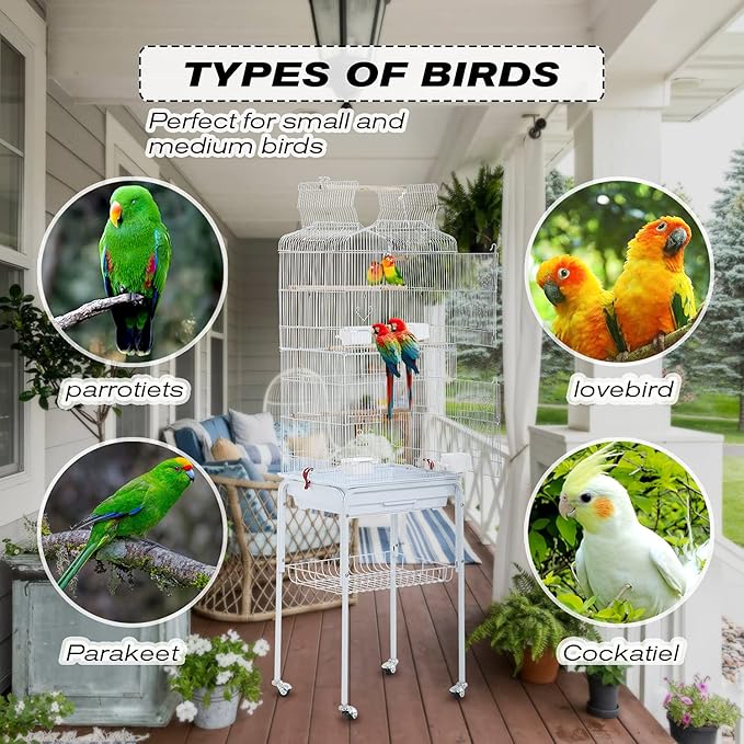 Bird Cage Parakeet Cage 64 inch Open Top Standing Parrot Cage Accessories with Rolling Stand for Medium Small Cockatiel Canary Parakeet Conure Finches Budgie Lovebirds Pet Storage Shelf (White)