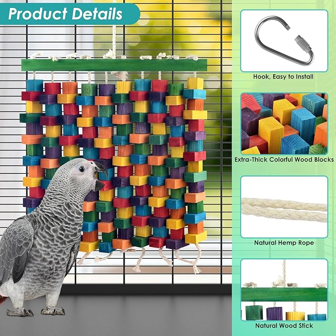 DBNESS Large Bird Toy, 20in Parrot Toys for Cage, Multicolored Natural Chew Wooden Blocks for Medium to Large Macaws, Amazon, African Grey, Cockatoos