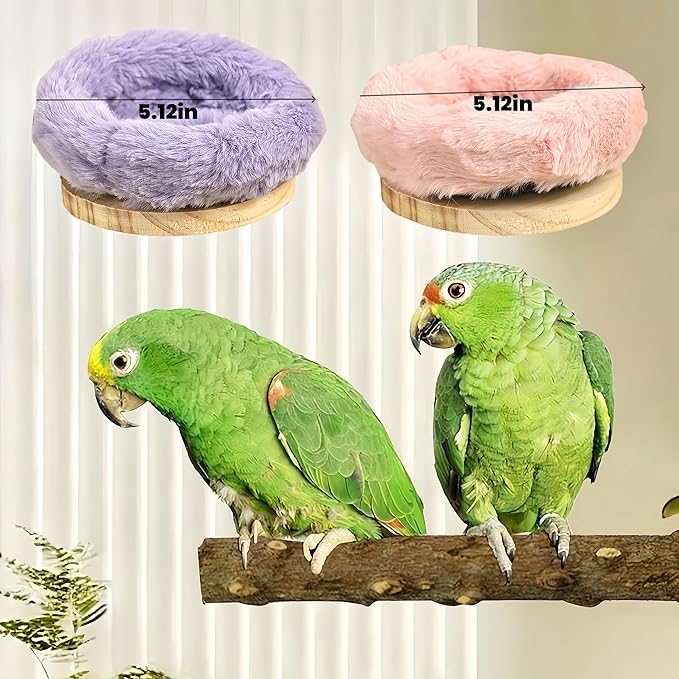 2Pcs Bird Perch Stand Platform Plush Parrot Hanging Hammock Warm Bird Nest Snuggle Hut Birds Sleeping Bed Wood Perch for Parrot, Budgies, Parakeet, Cockatiels, Conure, Lovebirds-Purple&Pink