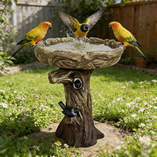 SKYFIRE Bird Baths for Outdoor - 23" Tall Pedestal Birdbath with Bird, Fibre Reinforced Concrete with Woodland Tree Trunk Décor, Modern and Durable,Bird Bath for Outside, Garden, Patio, Lawn, Backyard