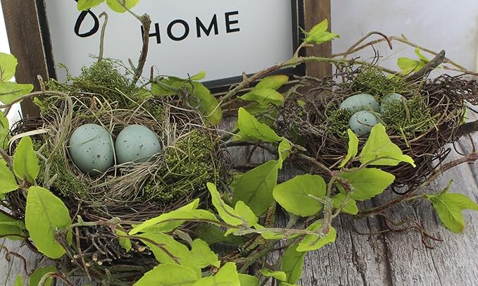 The Bridge Collection Faux Decorative Bird's Egg Nest - Cute Bird Nest with Eggs Tabletop Decoration for Spring, Summer, Everyday Home Decor (Robin's Eggs - Set of 2)