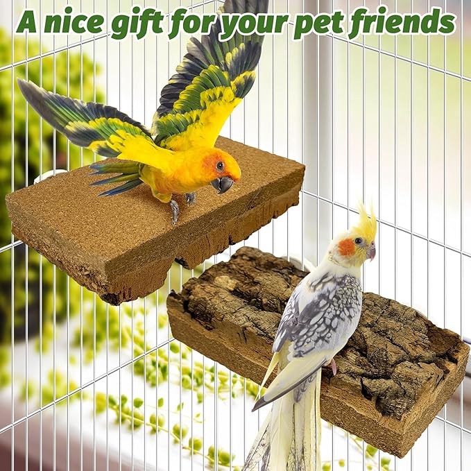 kathson 2Pcs Natural Cork Bird Perch Stand Platform Small Birds Thicken Wooden Rectangle Stand Perch Parakeet Chewing Toy Cage Accessories for Lovebirds Cockatiels Conures(Double Screw, 1.9 in Thick)