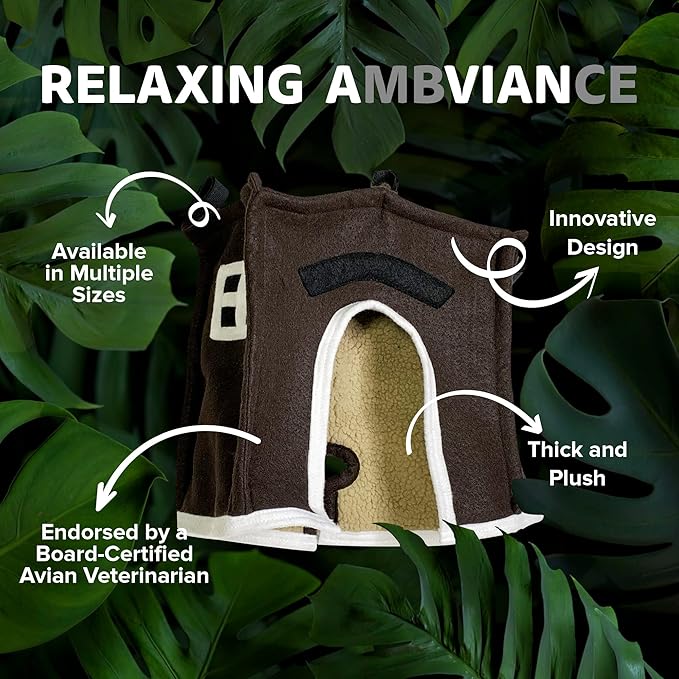 Crazy K Farm - Avian Haven Bird Hut, Comfy Bird Snuggle Hut, Plush Pet Bird Hut for Sleeping and Snuggling, Hanging Bird Cage Hut with Sherpa, Cozy Bird Cage Accessories Large, Brow